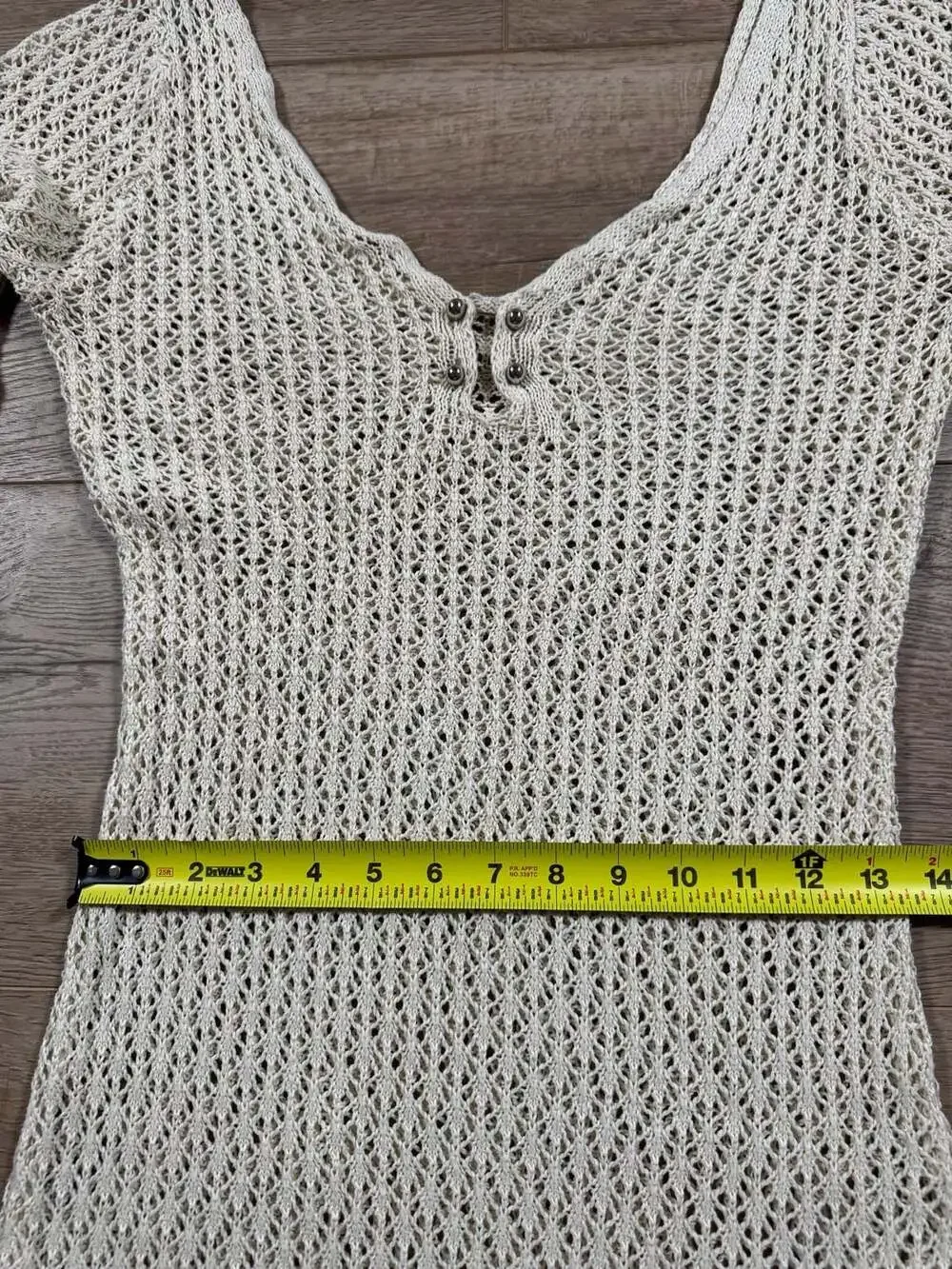 Y2K Crochet Knit Maxi Dress Bell Sleeve Beach Cover Up Boho XS - S Beige - Picture 9 of 10